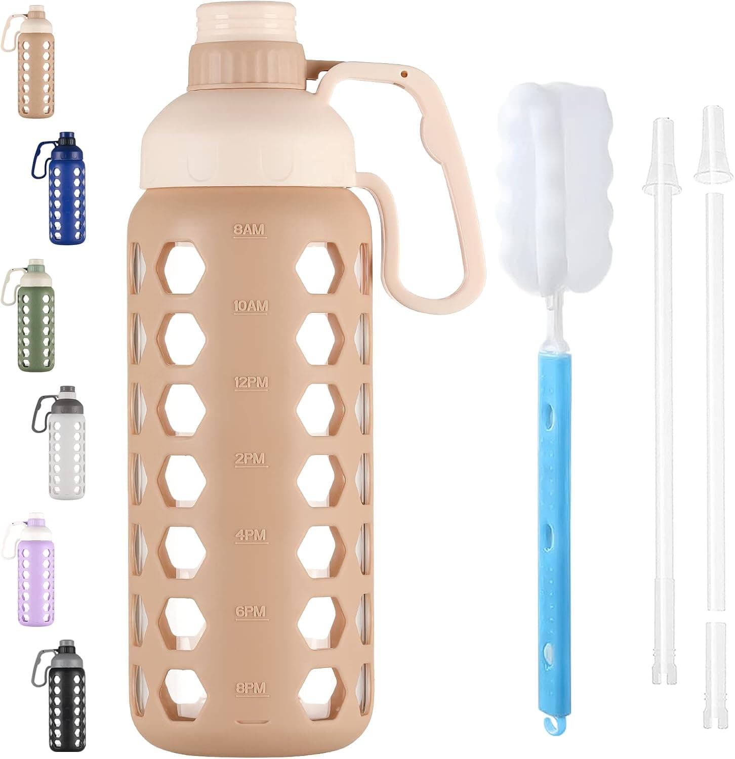 MUKOKO 56 Oz Glass Water Bottles, Half Gallon Water Bottle With Straw And Silicone Sleeve Wide Mouth Leakproof Reusable Water Jug With Time Marker And Handle For Gym, Outdoor, BPA Free,Amber