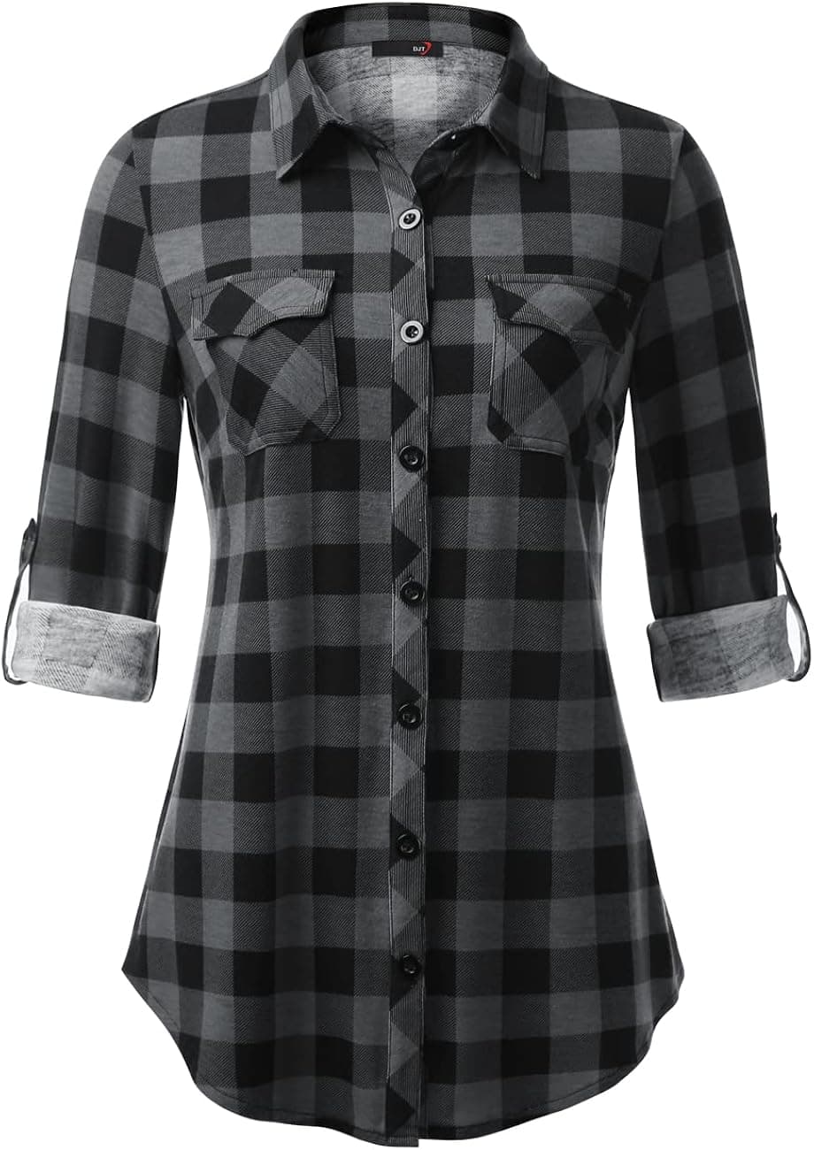 DJT Women’s Roll Up Long Sleeve Collared Button Down Plaid Shirt