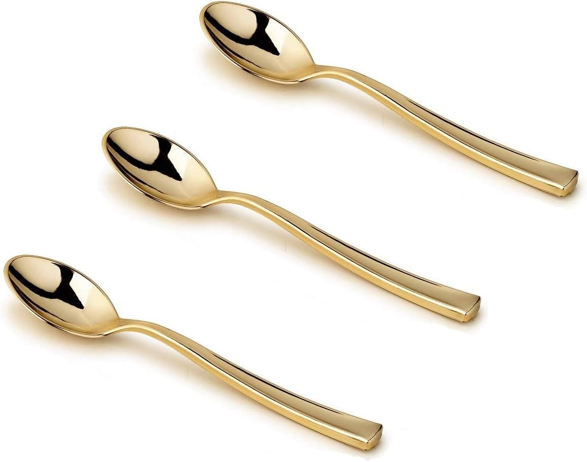 100 - Disposable Gold Elegant Petite Mini Tasting Appetizer Spoons, Dessert Spoon, Looks Like Gold Plastic Silverware - Solid, Durable, Heavy Duty Cutlery