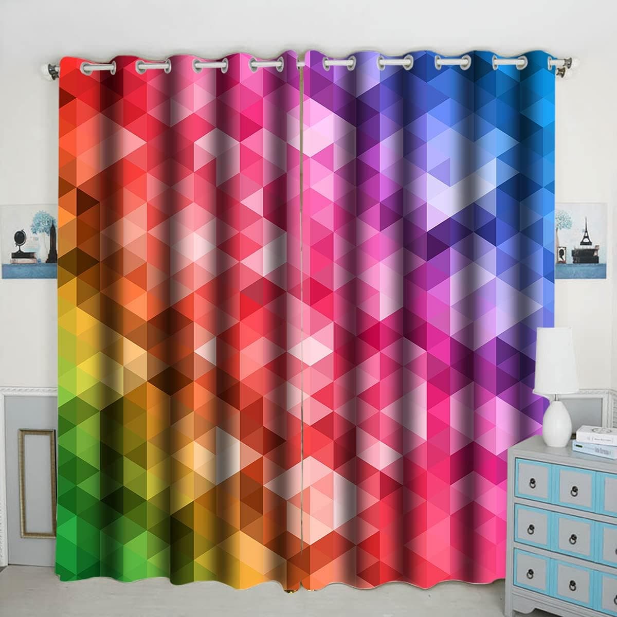Colorful Geometric Theme Window Curtain Panels Blackout Curtain Panels Thermal Insulated & Light Blocking 42W x 84L inch (Set of 2 Panels)