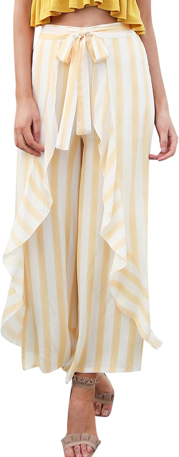 Simplee Women's Summer Casual Palazzo Pants Striped Loose Wide Leg Pants Light Yellow US 10