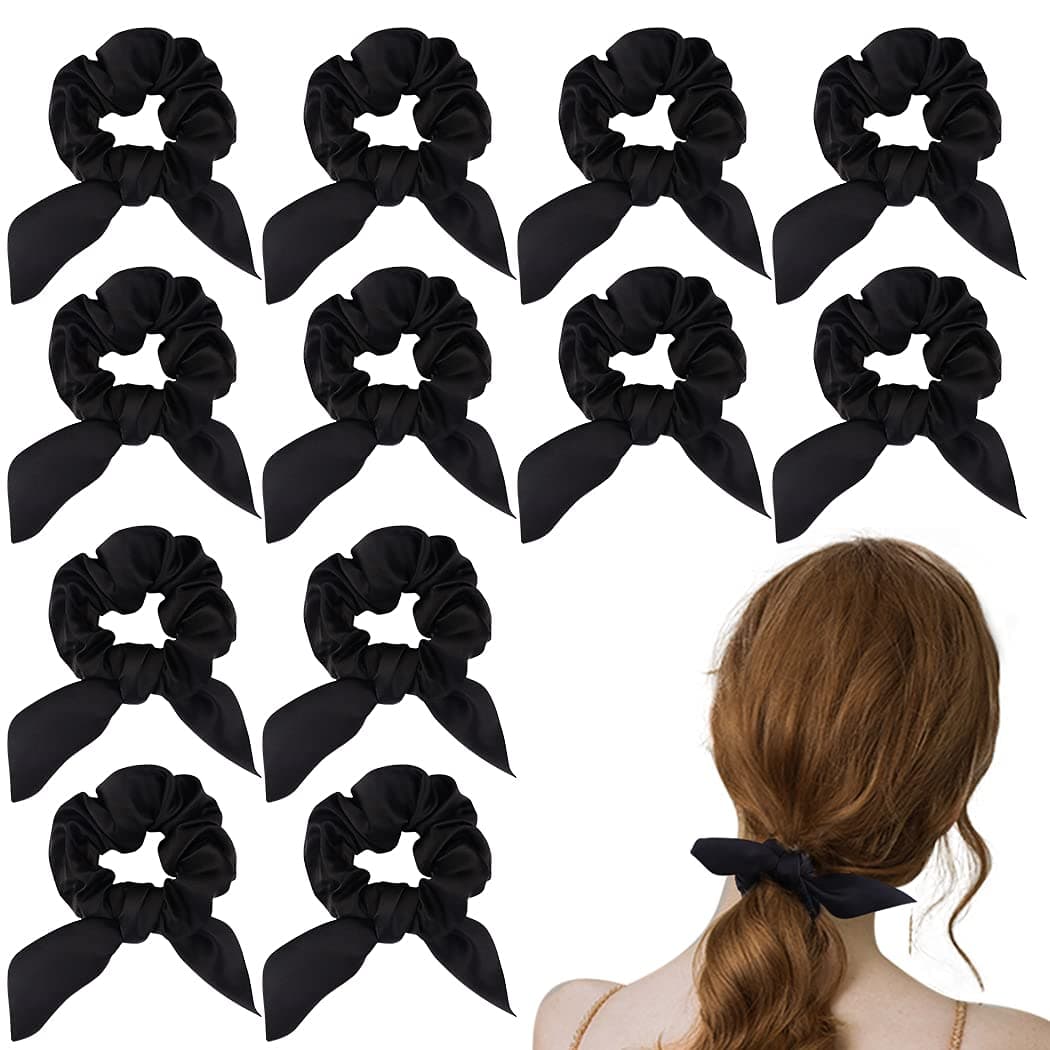ACO-UINT 12 Pack Hair Scrunchies for Women, Adorable Bow Scrunchies for Thick Hair, Black Hair Ties Bunny Ear Scrunchies Satin Scrunchies, Elastic Scrunchies with Bow for Ladies and Girls