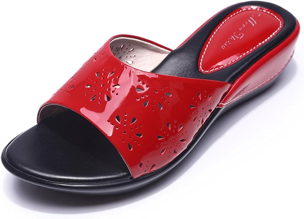Mona Flying Women's Genuine Leather Platform Wedge Slide Sandals for Women Slip On Sandals,Red 2,10 B(M) US