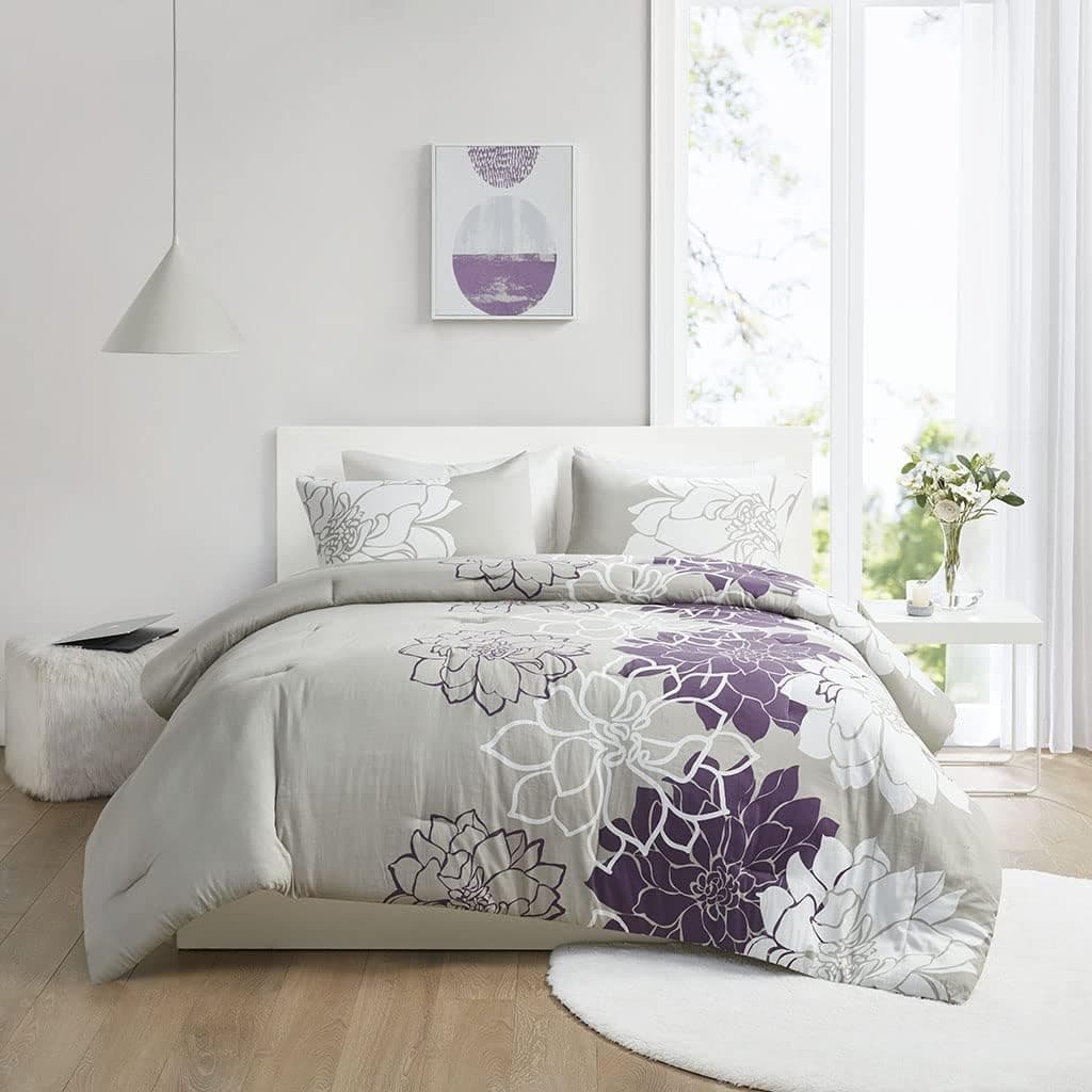 Madison Park Delilah Sateen Cotton Comforter Set, Breathable, Soft Cover, Modern Print, All Season Down Alternative Cozy Bedding with Matching Shams, Full/ Queen, Grey/ Purple 3 Piece