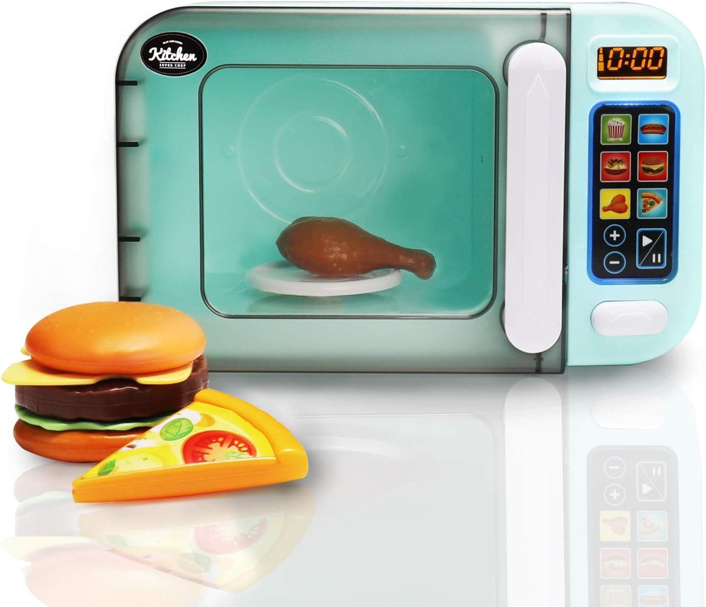 infunbebe Jeeves Jr. Kids Microwave Oven Toy Electronic Pretend Microwave Play Just Like Home My First Kitchen Appliance for Toddlers Blue