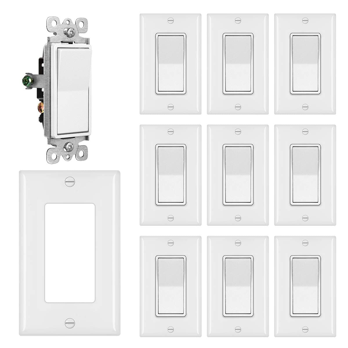 (10 Pack) CML 3 Way Light Switch, Rocker Paddle Interrupter, 15A 120/277V, Wallplate Included, 3-Year Warranty, UL Listed, White