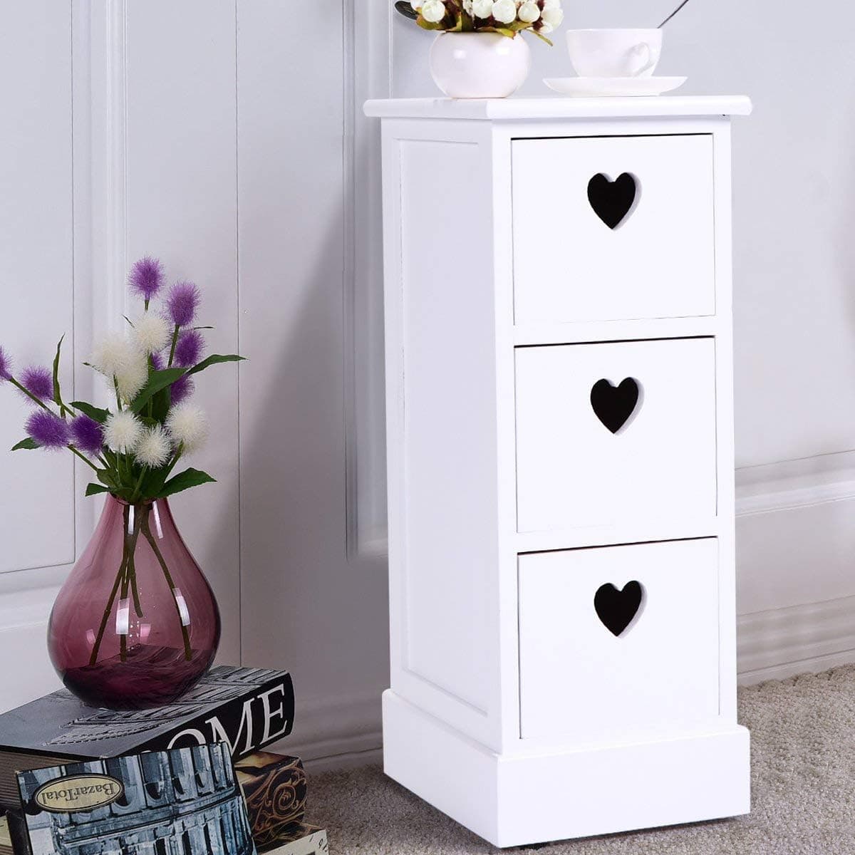 JAXSUNNY Wood Nightstand with 3 Drawer and Heart-Shaped Handle, Modern Bedside Storage Cabinet for Living Room Bedroom Home Furniture, White