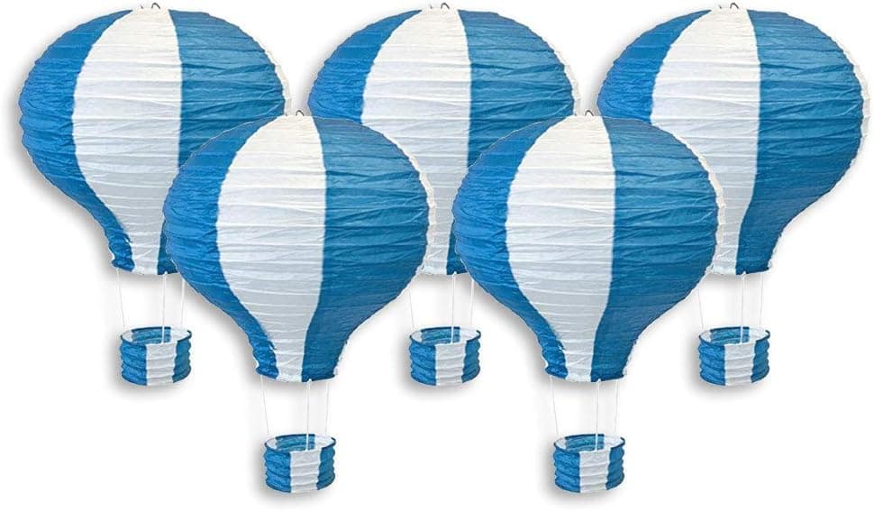 Just Artifacts Decorative 12-Inch Hot Air Balloon Paper Lanterns (5pcs, Blue & White)