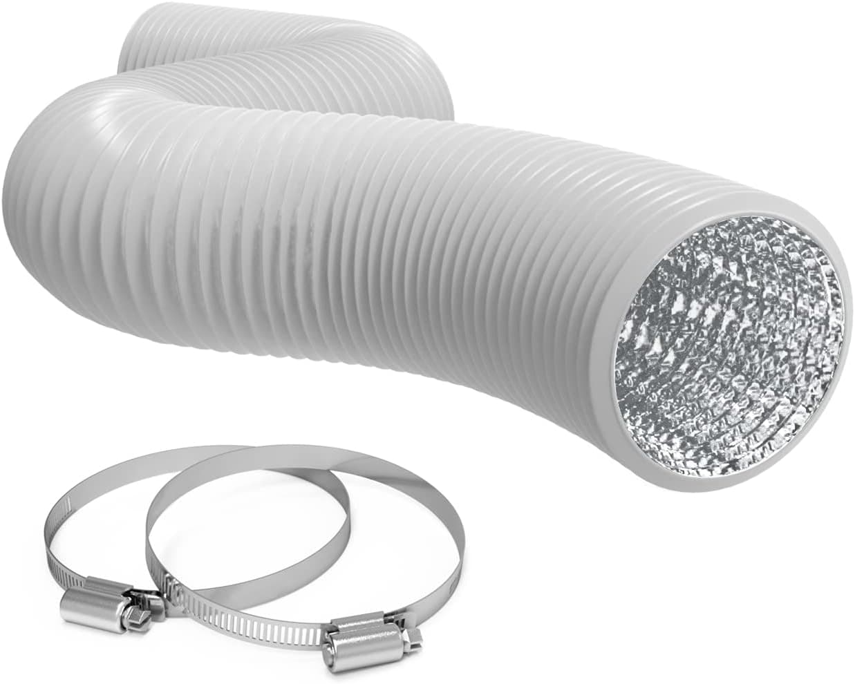 TerraBloom Flexible 6 Inch Ducting – White 8 Feet Durable Aluminum Duct with 2 Clamps – 4 Layer HVAC Ventilation Air Hose - Great For Grow Tents, Dryer Rooms, House Vent Register Lines
