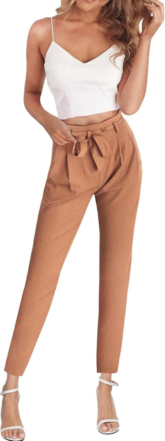 FANCYINN Women 2 Pieces Vacation Outfits Vneck Spaghetti Strap Crop Top and Bodycon Long Pant with Belt Khaiki XL