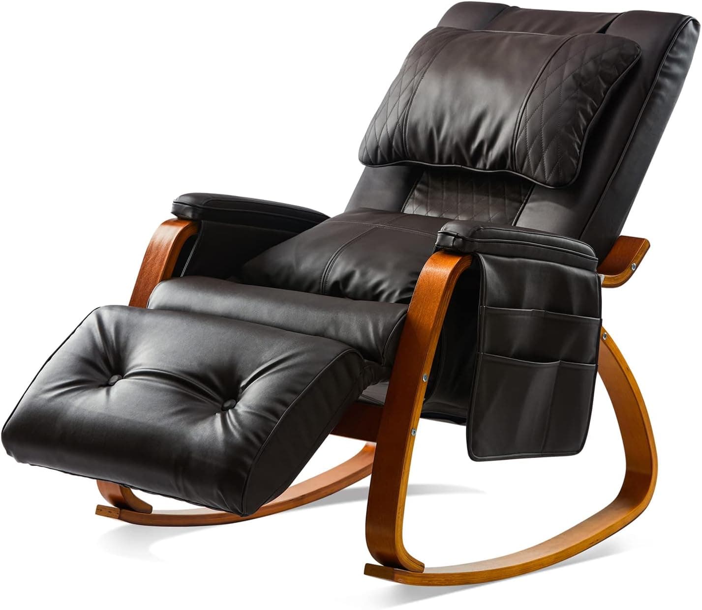 JXP Rocking Chair,Multifunctional Massage Rocking Recliner Chair with Heat,Kneading and Vibration,Wood Leather Rocker Chair with Removable Pillow,Adjustable Footrest and Storage Pockets,Classic Brown