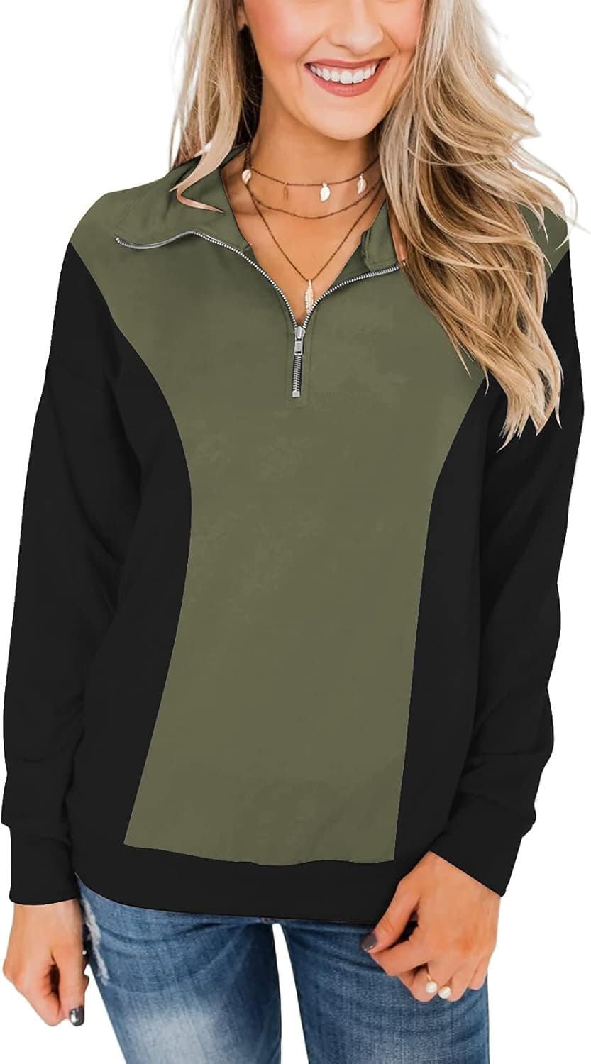 PRETTODAY Women's Long Sleeve Color Block Tunic Tops Lightweight Quarter Zip Up Sweatshirts Casual Loose Pullover Tops