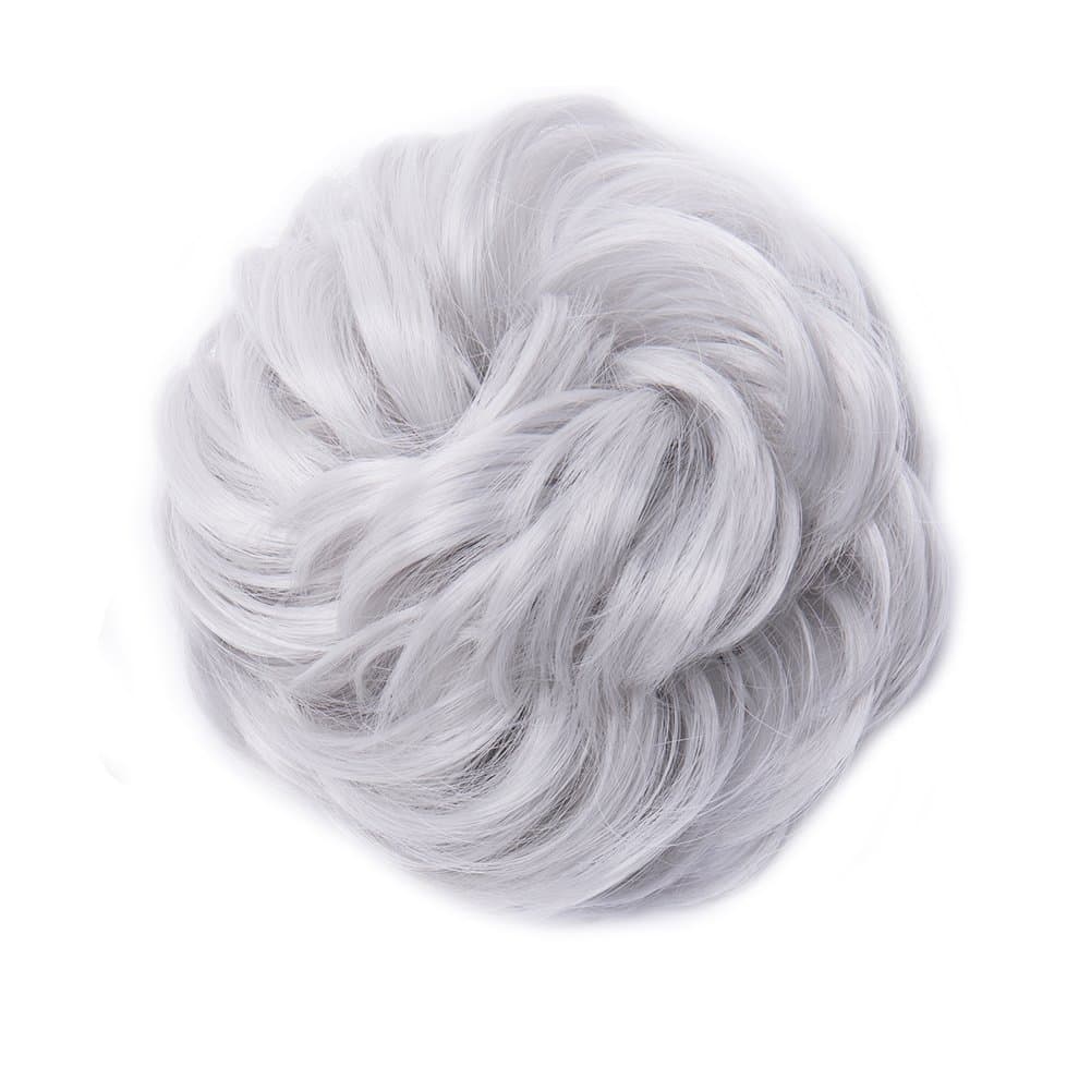 Scrunchy Updo Hair Bun Clip Messy Donut Chignons Synthetic Wavy Straight Hairpiece Hair Extension (silver gray-thicker, 1PC)