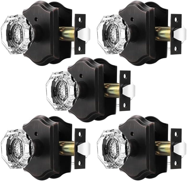 Orger Octagonal Crystal Door Knobs 5 Pack, Interior Privacy Door Handle for Bed/Bathroom with Pin Lock Inside, Oil Rubbed Bronze Vintage Rosette Door Knob with Heavy Duty Genuine Glass
