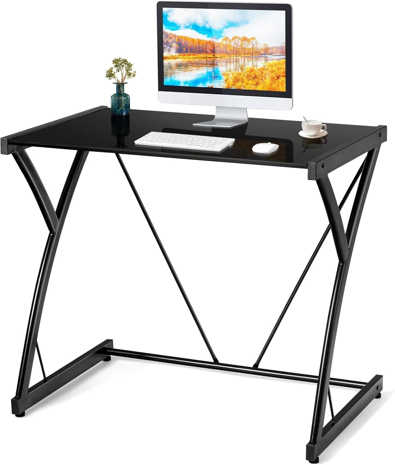 COSTWAY Glass Top Computer Desk, Modern Stylish Writing Desk with Tempered Glass & Z-Shaped Steel Frame, Multipurpose Computer Workstation for Working, Gaming, Making-up, Home Office Desk, Black