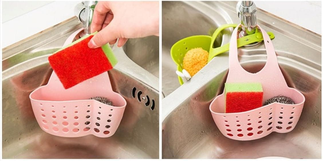 Faucet Hanging Sponge Sink Holder, Silicone Kitchen Gadget Storage Organizer (Pink)
