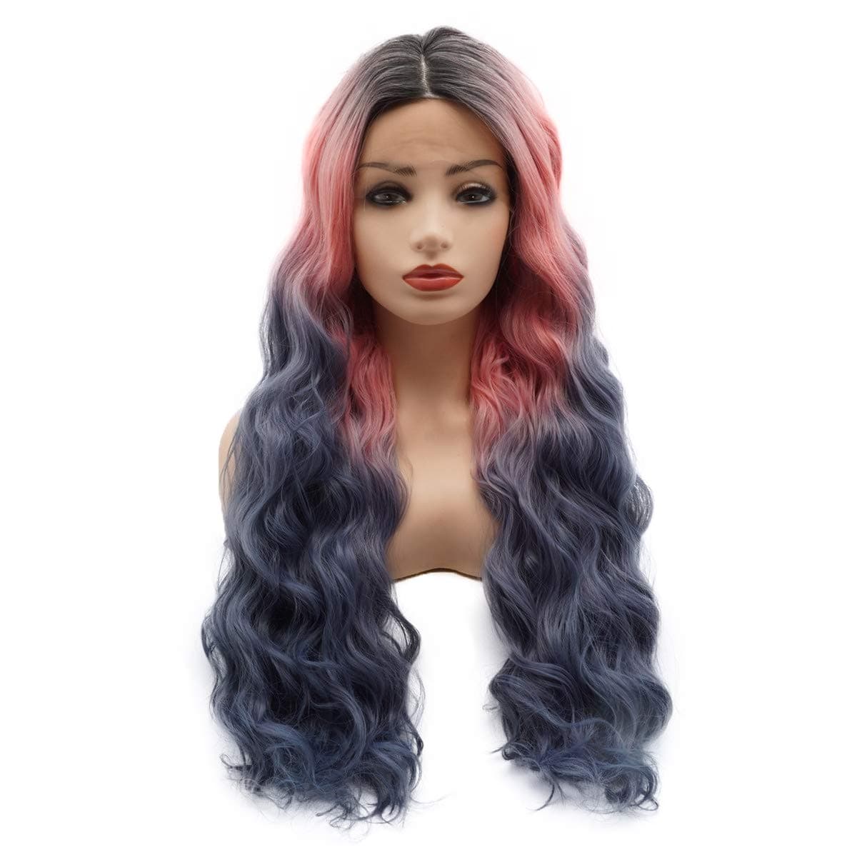 Meiyite Hair Wavy Long 25inch Dark Root Pink Grey Ombre Wig Half Hand Tied Heavy Density Realistic Synthetic Lace Front Wig