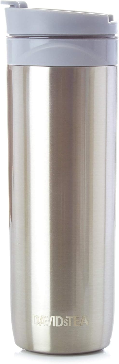 DAVIDsTEA Tea Press Double-Walled Stainless Steel Travel Mug for Loose Tea, 16 oz / 473 ml (Silver)