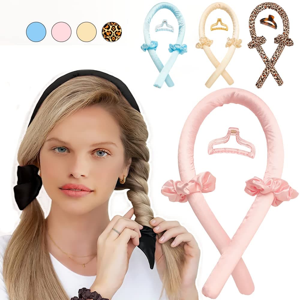 Women Heatless Hair Curler,Heatless Curling Rod Headband for Long Hair,Sleep Styler Rods,Create Natural Curly Hairstyle,Curling Iron with Hair Ties and Hair Clips（Pink）