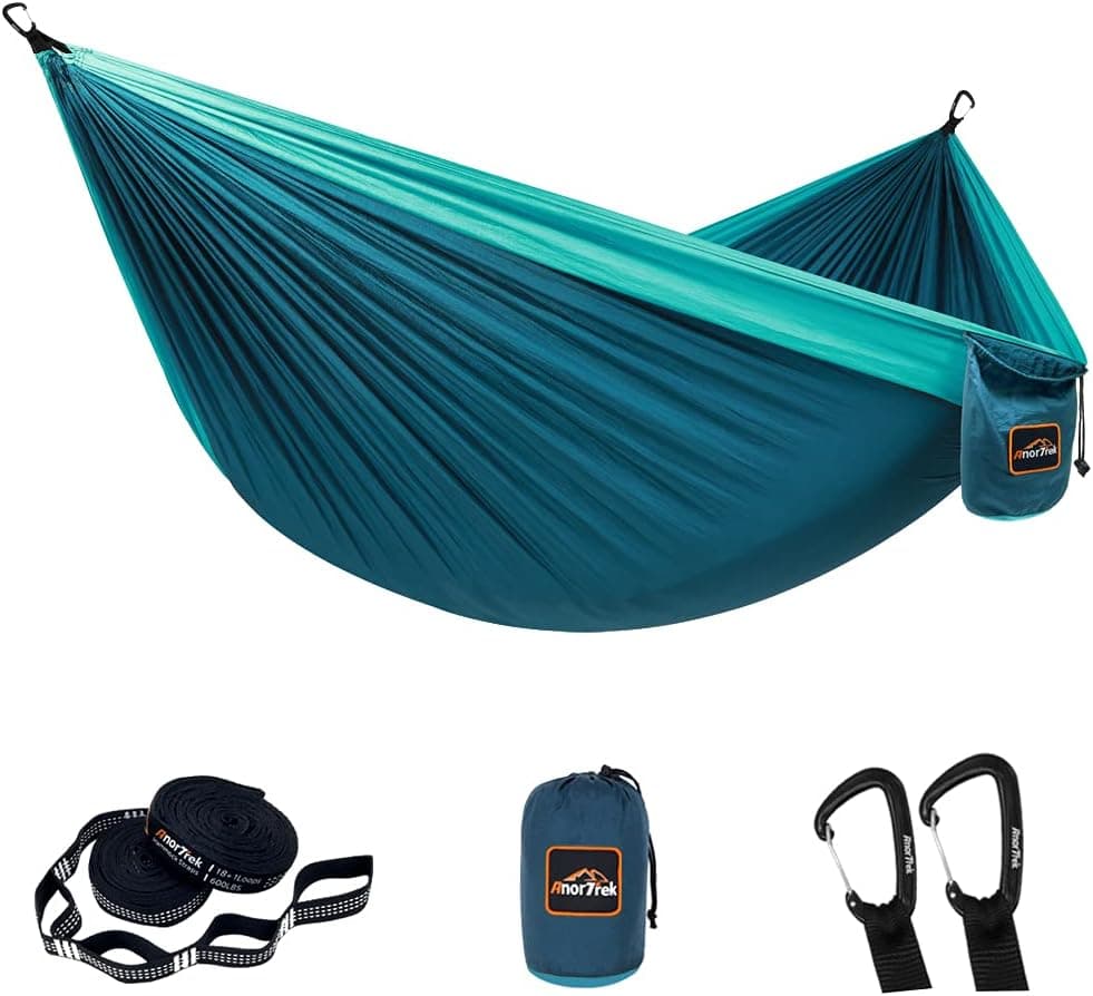 AnorTrek Camping Hammock, Double or Single Parachute Hammock with Two Tree Straps, Lightweight Portable Hammock for Camping, Hiking, Backpacking
