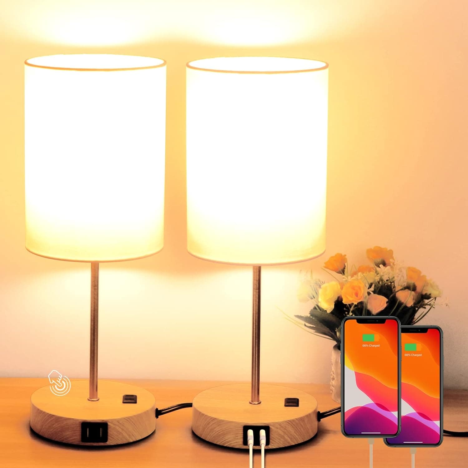 MEMOREE Set of 2 Touch Control 3-Level Dimmable Bedside Lamps with 2 USB Charging Ports,Modern Touch Nightstand Table Lamps for Bedrooms Bedside Table Living Room Side End Table(LED Bulb Included)