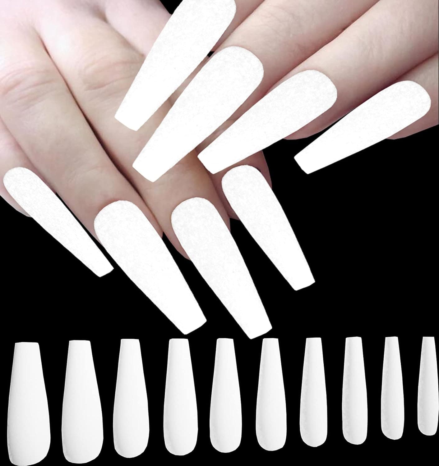 100pc Matte Coffin Press on Nails Long Colored Ballerina Shape Artificial False Nails Women Girls Manicure Fingernail DIY Decor Acrylic Tips 10 Sizes with Case (White)