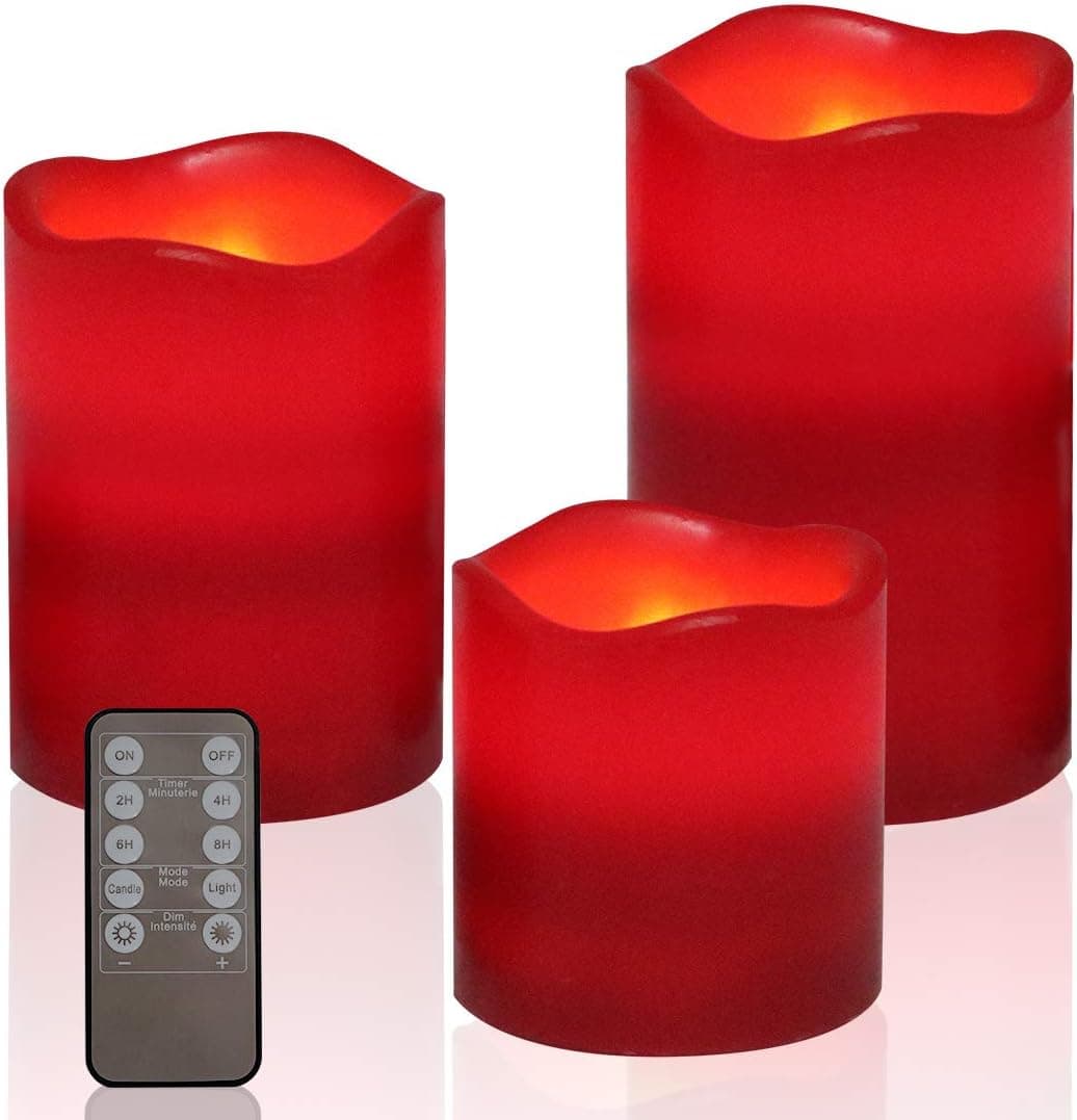 NovoGifts Flameless Candles Electric Battery Candle Set of 3 (4" 5" 6") Ivory & Red LED Candles with Simulated Whirling LED Flames and 10-key Remote Control