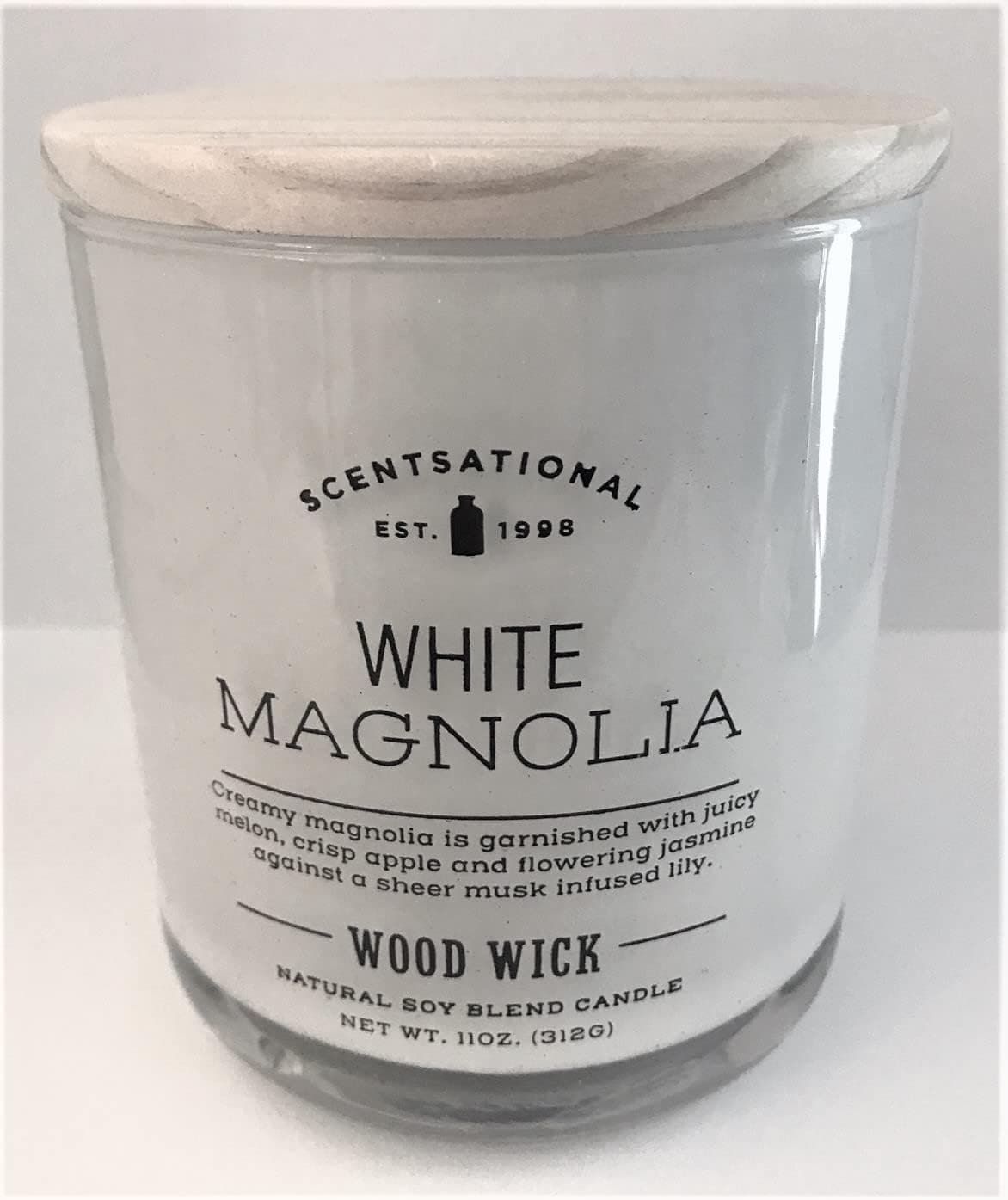 Natural Soy Wax Blend Scented Candle White Magnolia Glossy White Glass Jar w/ Wooden Wick, 11 Oz. Medium