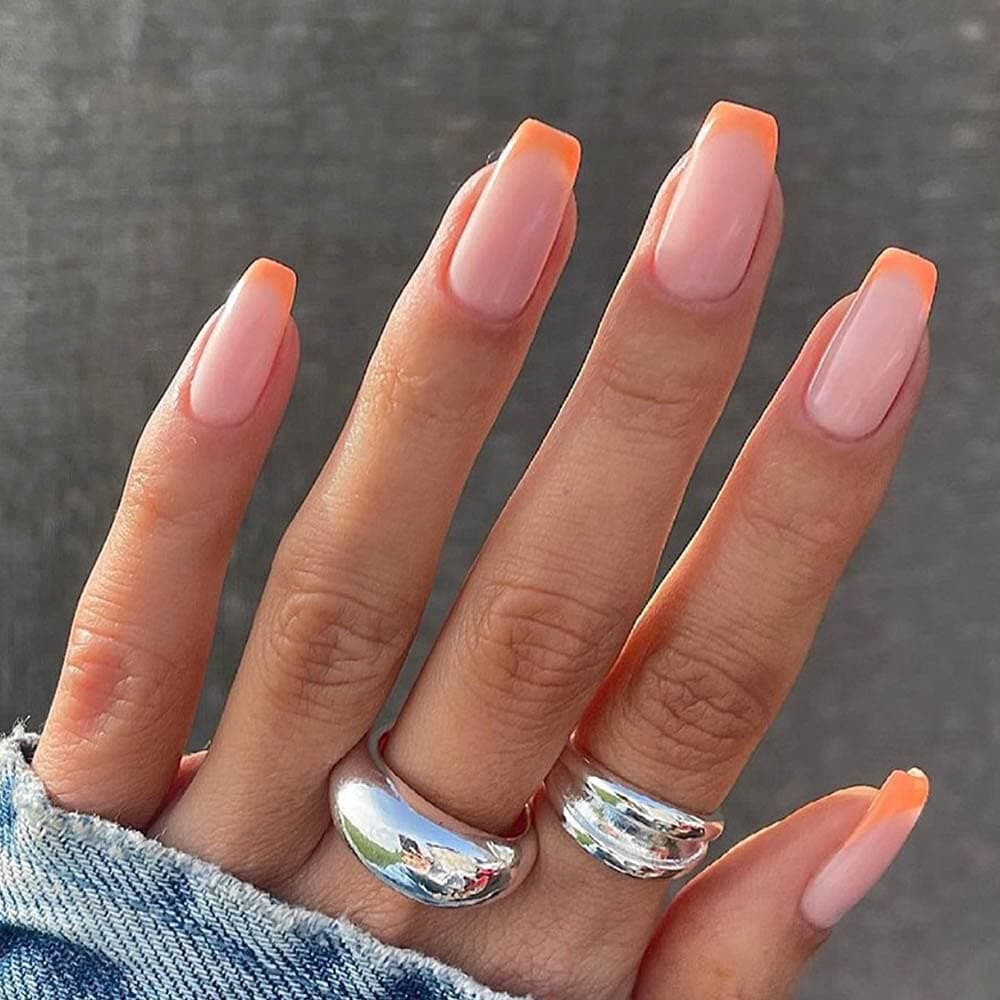 Feilisa Press on Nails Short French Fake Nails Glossy Square Fake Nails Pink Acrylic False Nails Art Tips Sets- 24Pcs