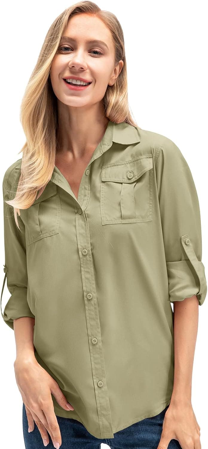 Women's Quick Dry Sun UV Protection Convertible Long Sleeve Safari Shirts for Hiking Camping Fishing Sailing