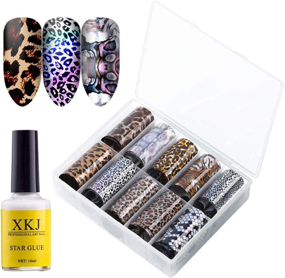 XICHEN 10 Roll/Color Starry Sky Nail Foil Transfer Sticker Paper Colorful Gradient Starry Sky Nail Art Decoration Kit，with 1 Bottle of Professional Star Glue (Fashion Leopard Print 1#)