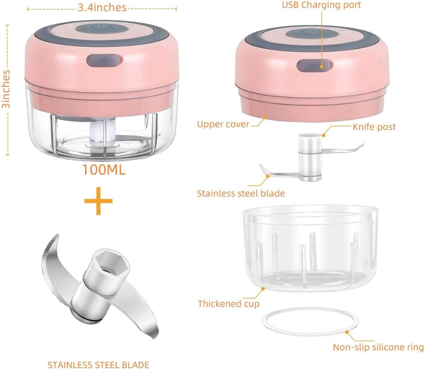 Electric Mini Garlic Chopper Garlic Cutter Garlic Masher,Garlic Press Mincer Pepper Chili Vegetable Nuts Meat Grinder,Food Processor Mincer Blender Mixer (PINK)