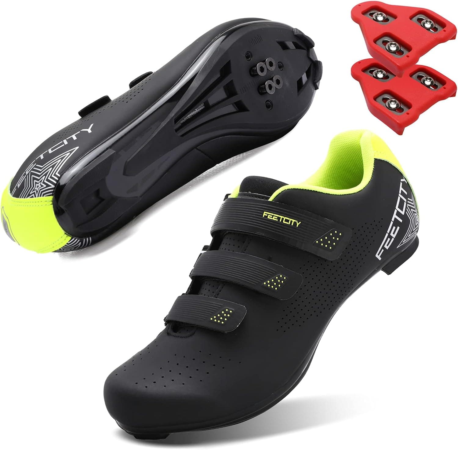 FEETCITY Unisex Mens Womens Road Bike Cycling Shoes Riding Shoes with Compatible Cleat Peloton Shoe with SPD and Delta for Men Women Lock Pedal Bike Shoes Indoor Outdoor Black Yellow