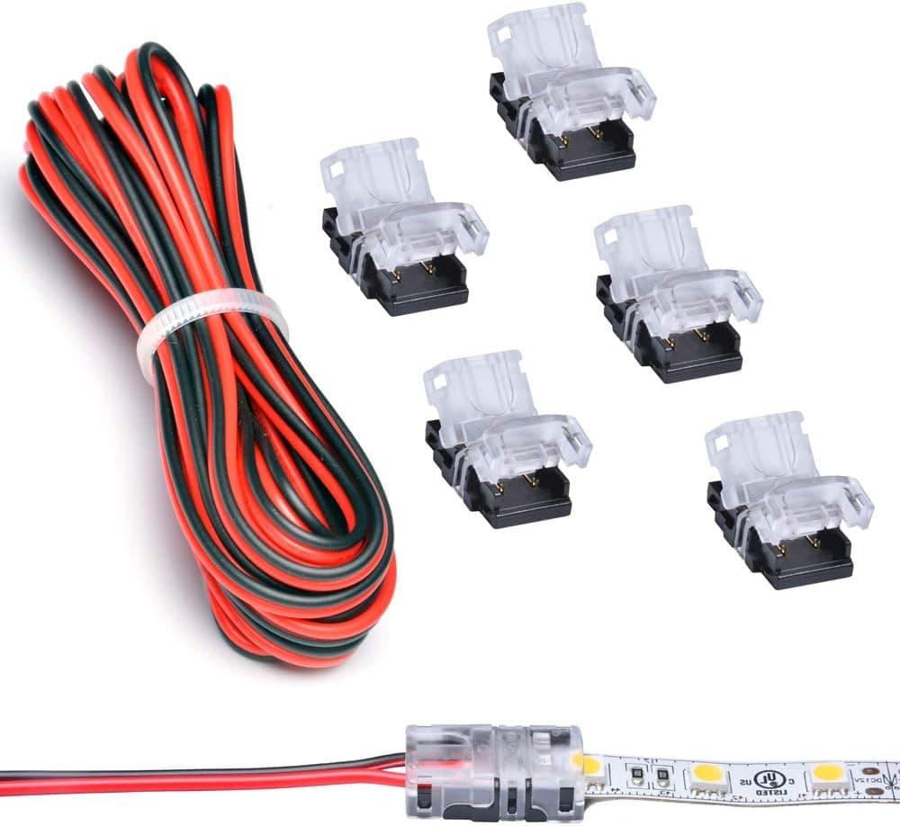 10mm LED Strip to Wire Connector 2 Pin(5 PCS) With 20 AWG UL Listed Extension Wire (9.8 Feet/3 Meter),DIY Strip to Power Pigtail or Strip to Strip Jumper,NON-WATERPROOF