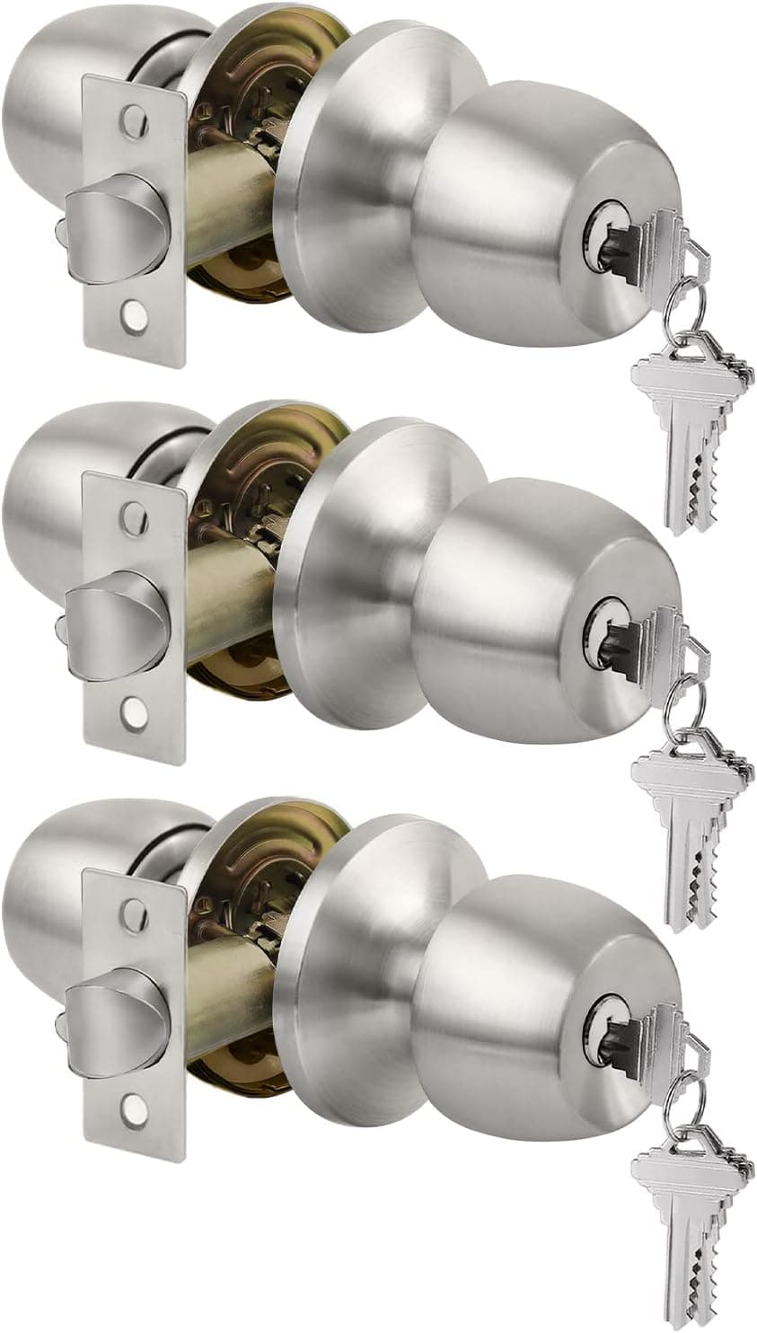 BESTTEN [3 Pack] Keyed Alike Entry Door Knob with Same Keys for Exterior or Interior Doors, All Metal, Satin Nickel, Amsterdam Series