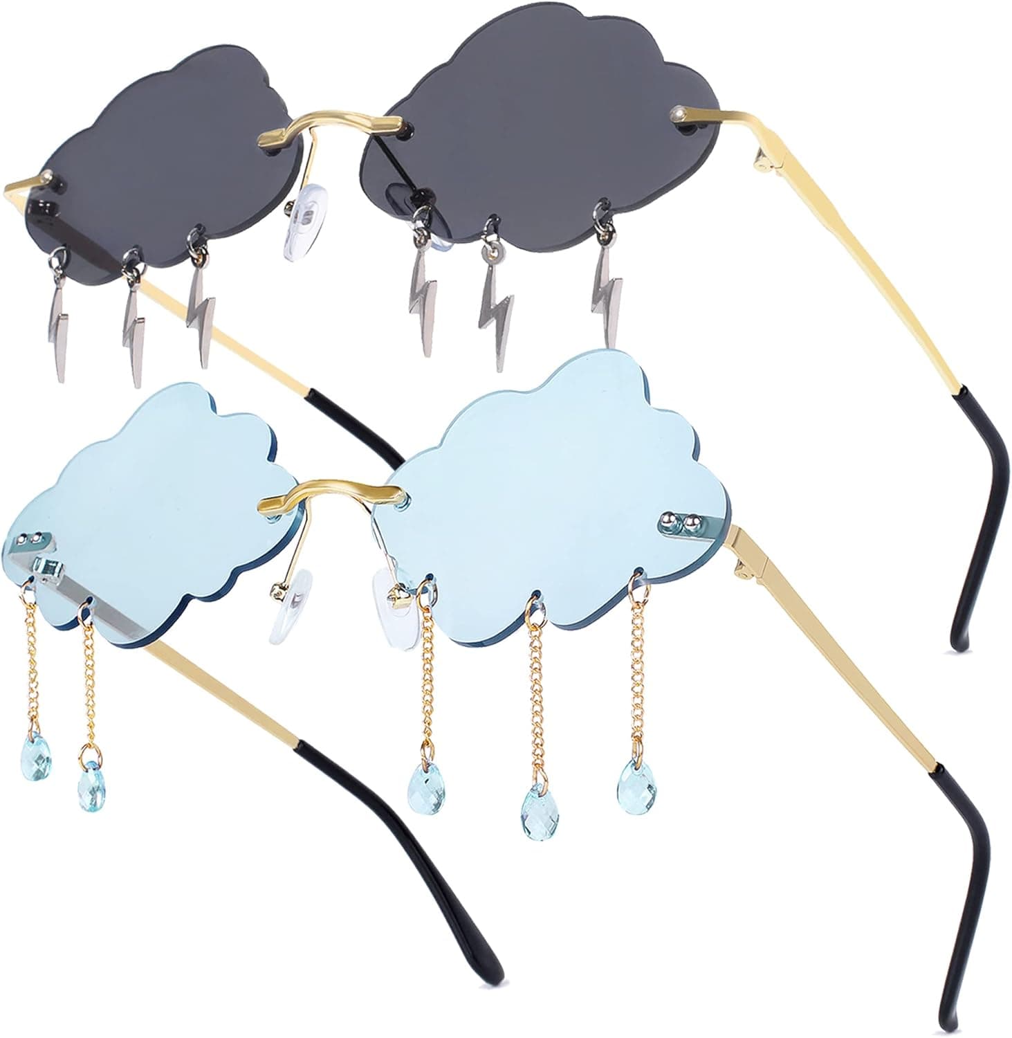 2 Pairs Cloud Shaped Sunglasses Rimless Tassel Lightning Cute Sunglasses Funny Trendy Vintage 90s Disco Glasses for Women Men
