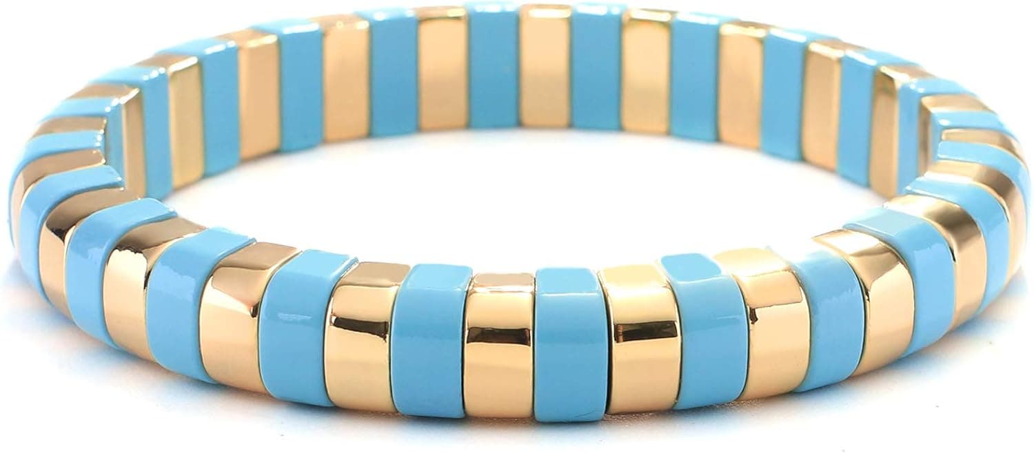 C·QUAN CHI Tile Bracelets Stackable Enamel Stretchy Tile Bracelet Rainbow Colorblock Beads Bracelets Bohemian Strand Bracelets for Lady Women Men Girls