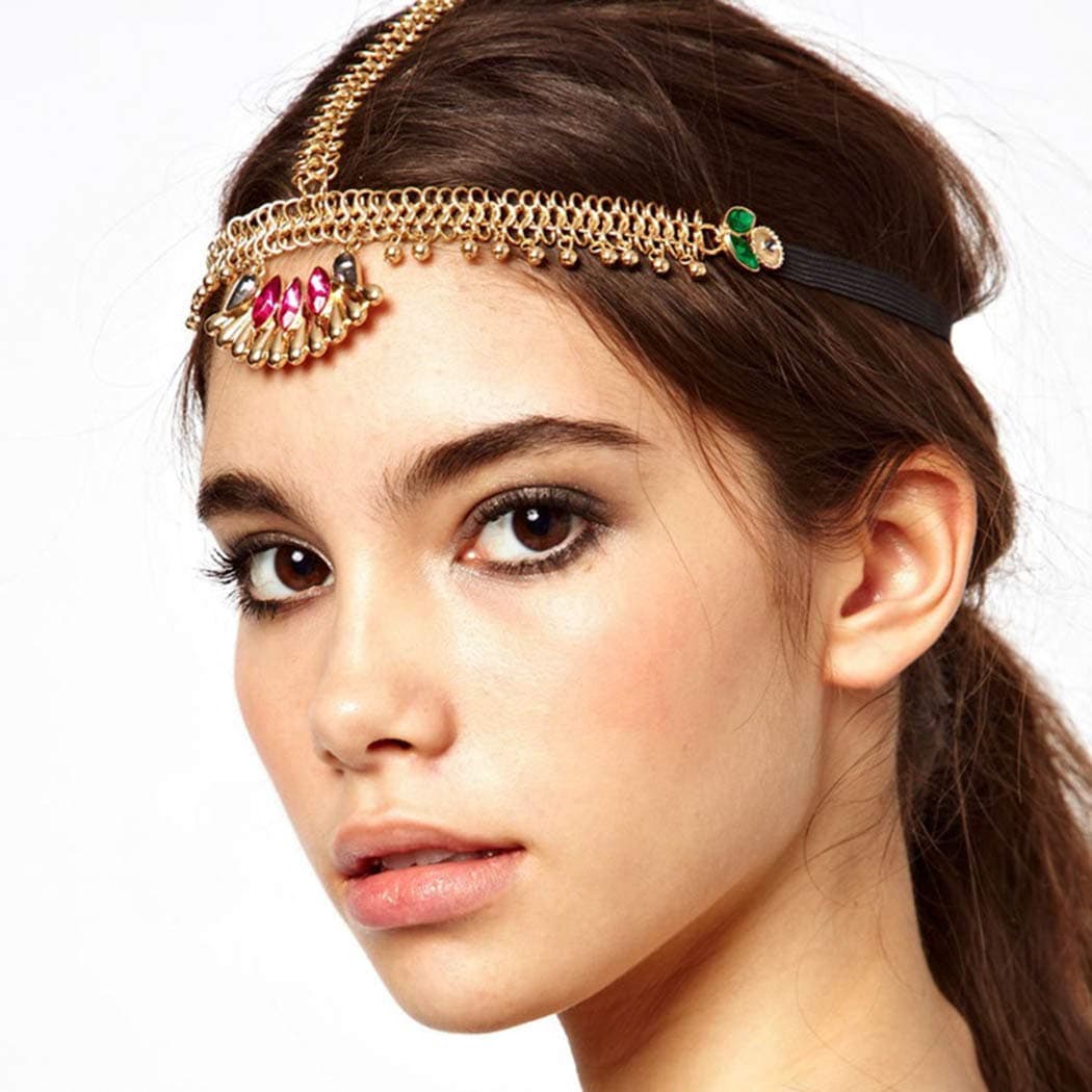 Catery Headbands Jewelry Pink Crystal Hair Chain Boho Wedding Headpiece Head Chain Spring Summer Christmas Head Chain Vintage Gold Hair Accessories Jewelry for Women and Girls