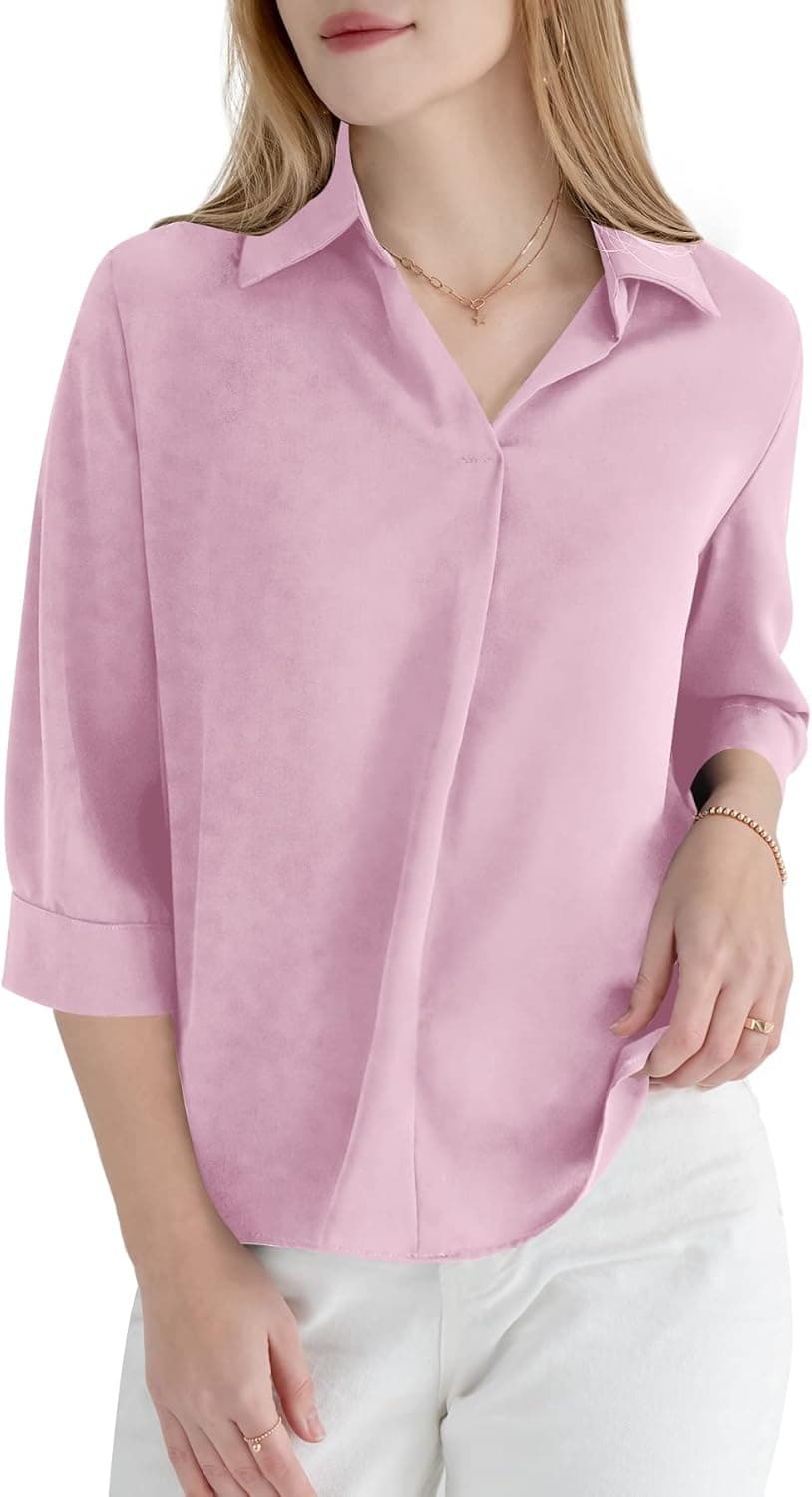 EZEN 4/3 Long Sleeve Loose fit Business Casual Chiffon Work Blouse Shirts for Women