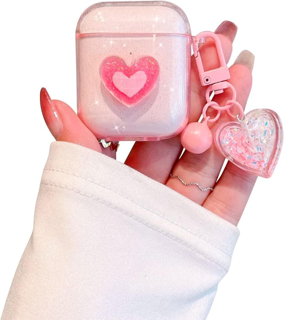 Ownest Compatible for AirPods Case, Cute 3D Heart Clear TPU Shockproof Cover Case Glitter with Bell Keychain for Women Girls for Airpods 2&1-Pink