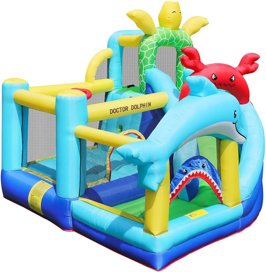 Doctor Dolphin Kids Bounce House Slide with Blower, Ball Pit, Ocean Theme, Basketball Hoop, Toddler Blow up Bouncy House Jumper for Kids Indoor or Outdoor, Wet and Dry