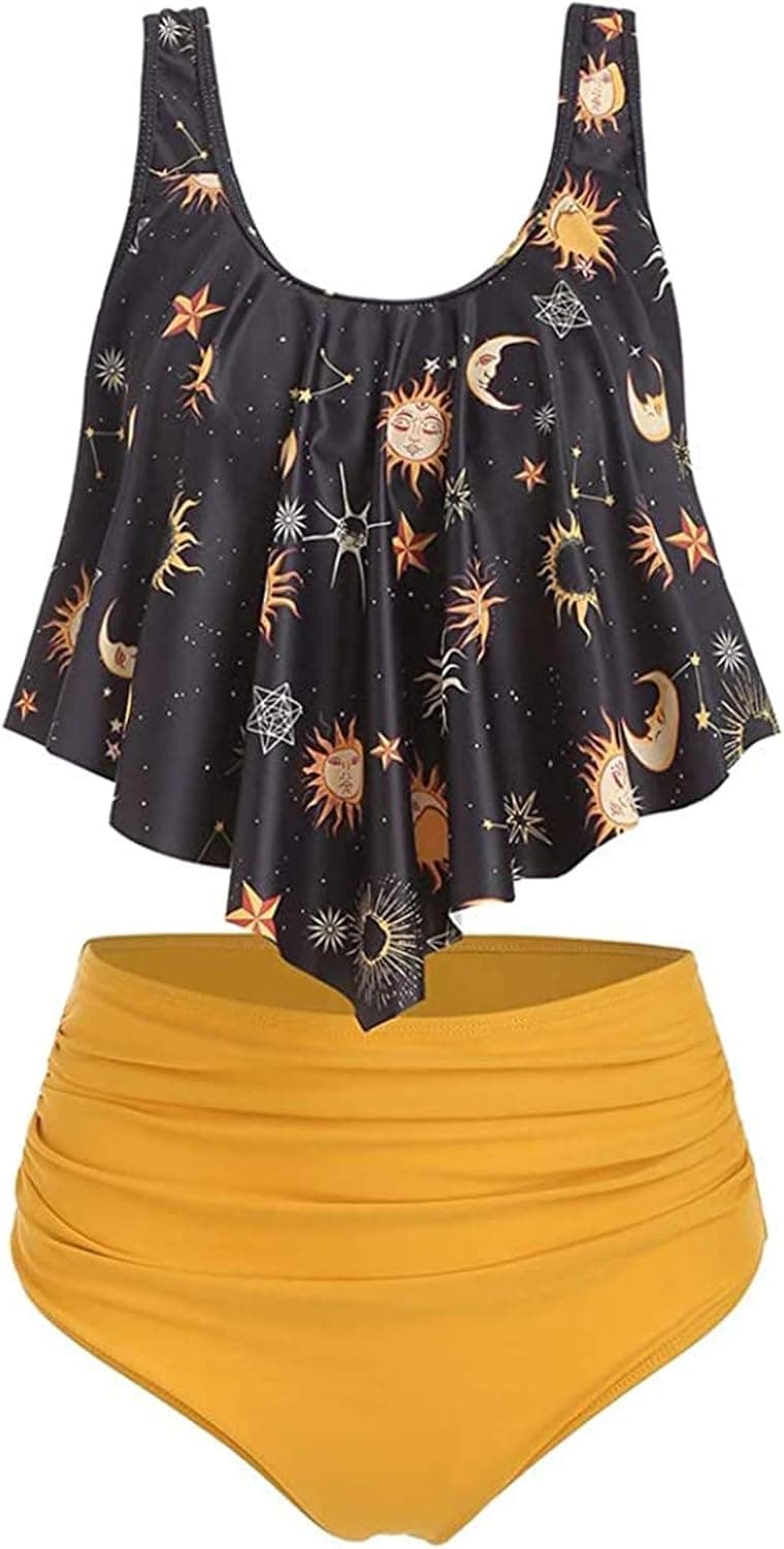 JMSUN Women Sun Stars Moon Flounce High Waisted Tankini Swimsuit