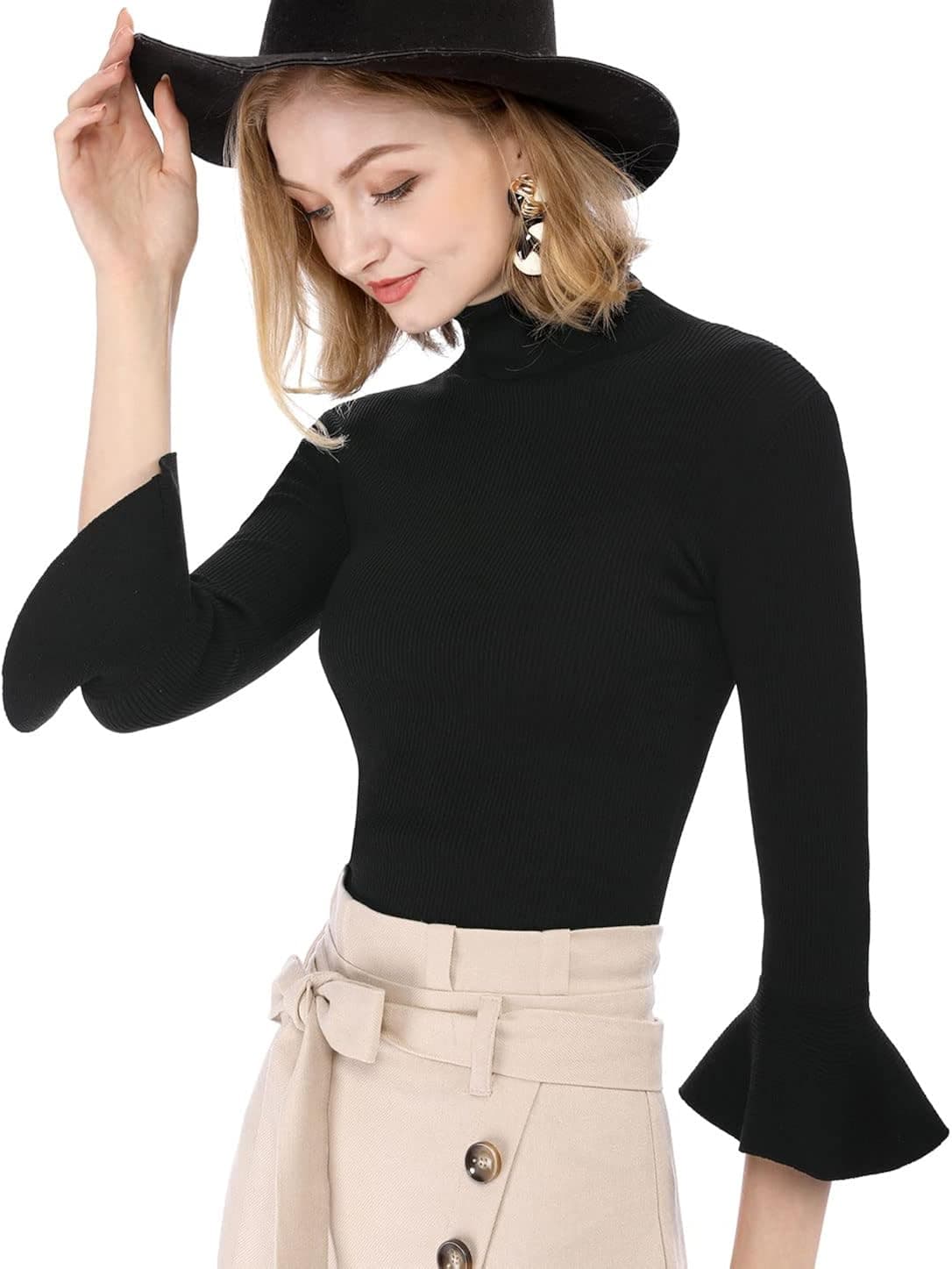 Allegra K Women's 3/4 Sleeve Turtleneck Sweaters Slim Fit Knitted Pullover Sweater Tops