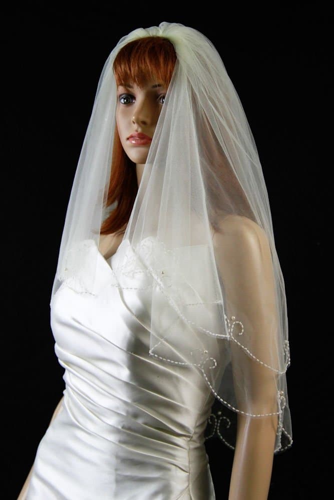 Bridal Wedding Veil White 2 Tiers Elbow Length Scalloped Edge With Pearl Beads