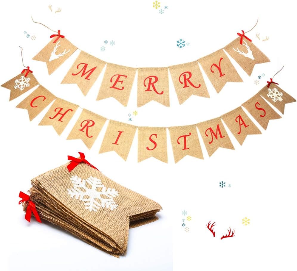 Lifegoo Christmas Burlap Banners, Holiday Bunting,Home Office Garden Indoor Outdoor Banner Christmas Mantel Decor Decorations