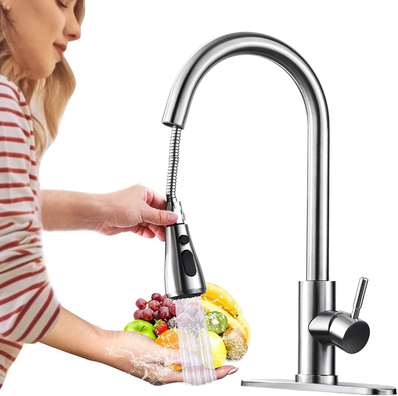 Kitchen Sink Faucets with Sprayer, Brushed Nickel Single Handle 3 Modes (Stream/Spray/Pause) Kitchen Faucet with Pull Down Sprayer and Hot/Cold Control