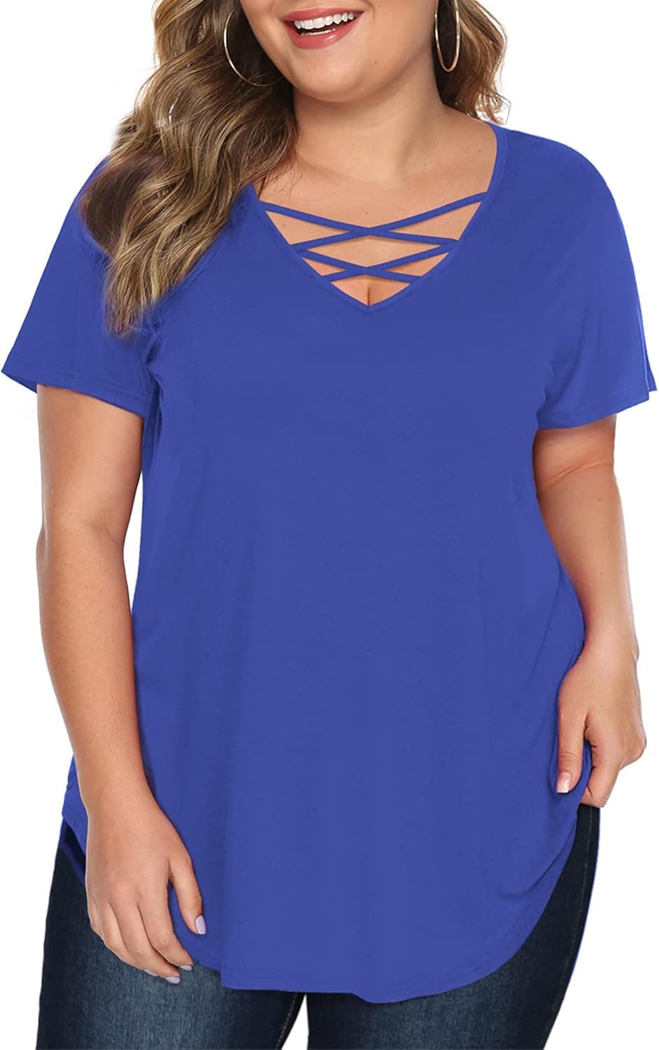 Amoretu Womens' Plus Size Tops with Short/Long Sleeve Criss Cross Neck