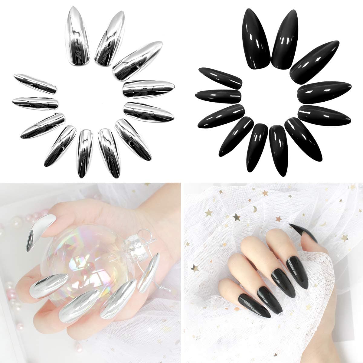 48Pcs Silver and Black Press on Nails Long - Solid Color Ballerina Stiletto Fake Nails Art Tips Gel Acrylic Nail Kit Pure False Nails with Adhesive Tabs for Women Girls