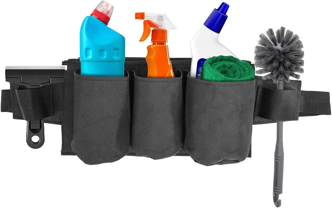 DricRoda Tool Pouch, Waist Tools Bag Belt, Bottle Holster, Duty Working Tool Apron for Janitorial, Custodial, Housekeeping, Public Area Cleanup, 2 Scraper Brush Loops, 6 Upgraded Pockets (Large)