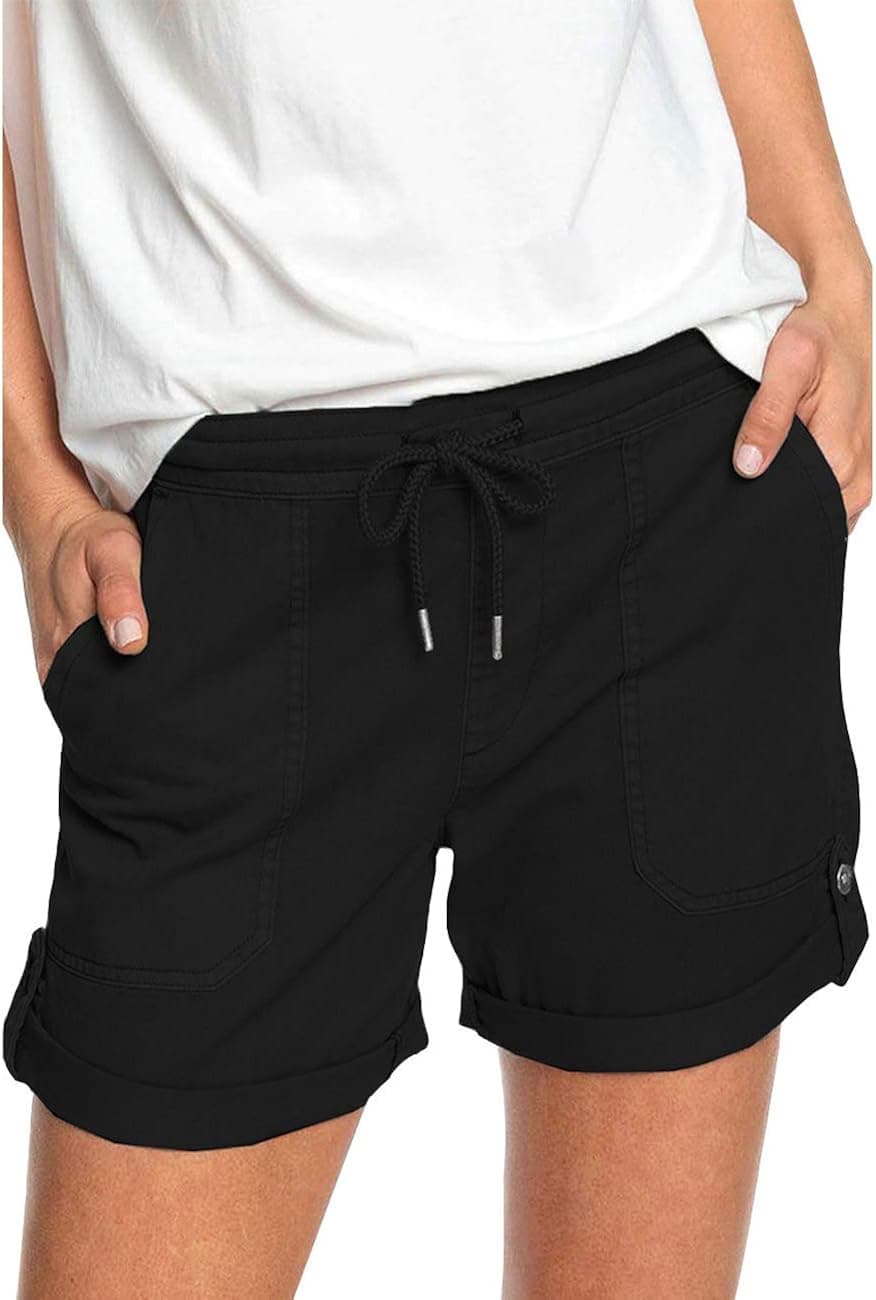 Wureion Women's Cotton Casual Elastic Waist Drawstring Summer Beach Shorts with Pockets Black L